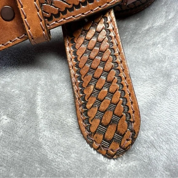 Western Brown Tooled Saddle Leather Belt With Brass Buckle Men's Size 50 - Picture 6 of 12